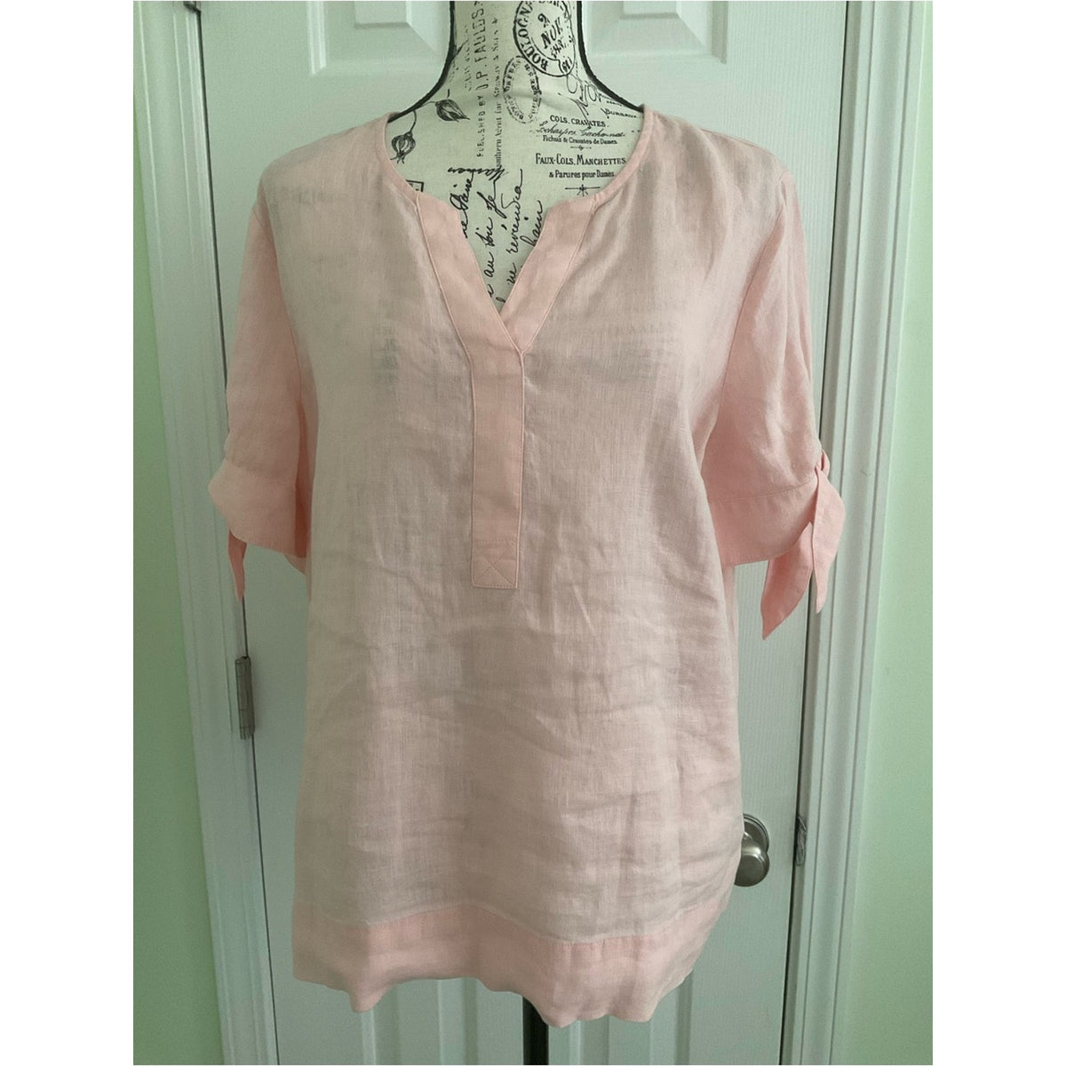 Charter Club Soft Pink Linen V-Neck Tunic with Sleeve Ties
