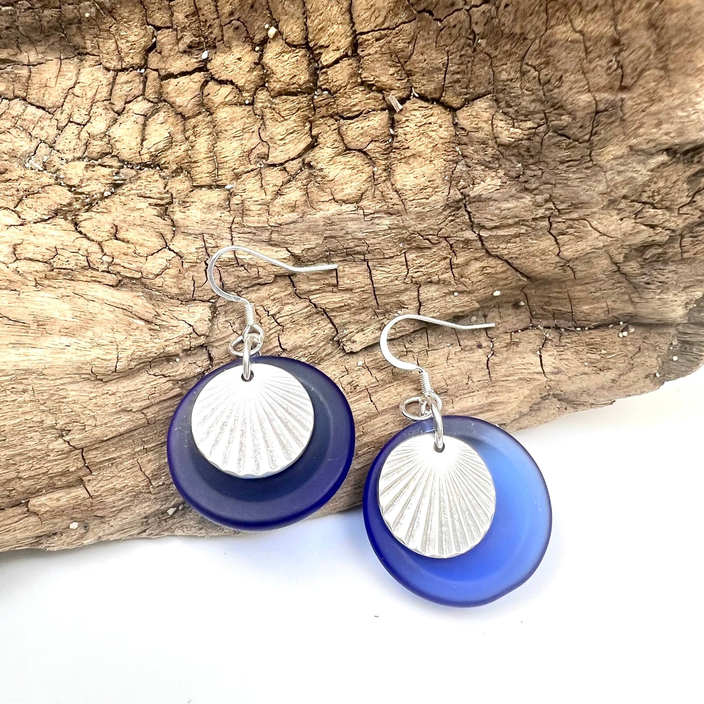 Jackie Gallagher Designs - Handmade Coastal Jewelry - Cultured glass with sunburst earrings: Cobalt