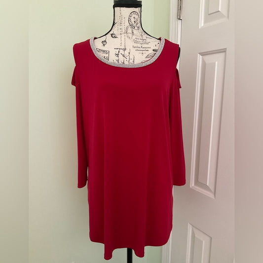 JM Collection tunic red cold shoulder tunic top with 3/4 sleeves