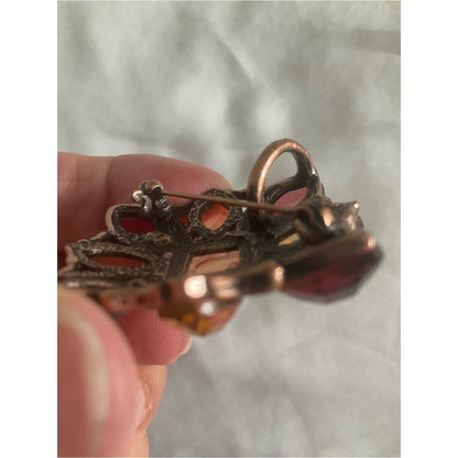 Faceted Amber & Plum Rhinestone Flower Brooch