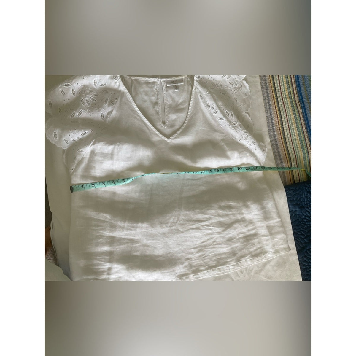 Charter Club White Eyelet Flutter Sleeve V-Neck Linen Top