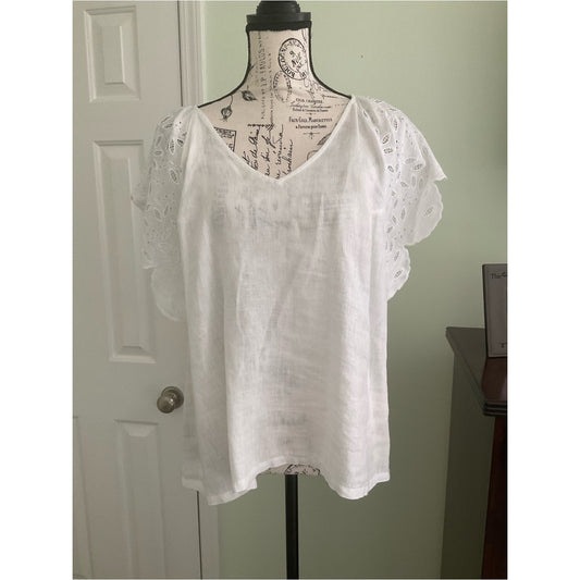 Charter Club White Eyelet Flutter Sleeve V-Neck Linen Top