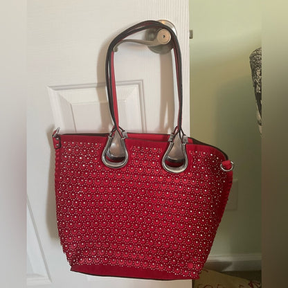 Red Handbag with silver studs and silver trim