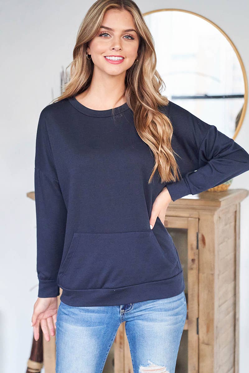 Perfect Peach - Long Sleeve French Terry top with kangaroo pocket - Navy