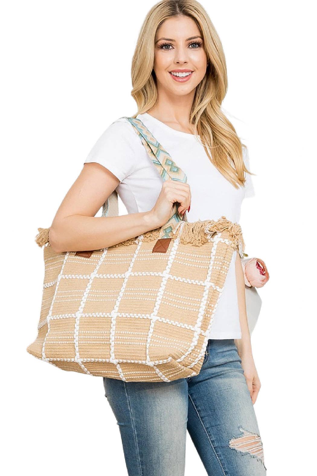 Embellish Your Life - Beige Embroidered Strap Window Pane Tote