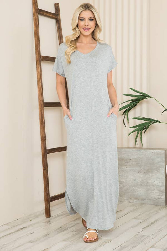 Burgundy Apparel - Grey Maxi Dress with Side Slit and Pockets