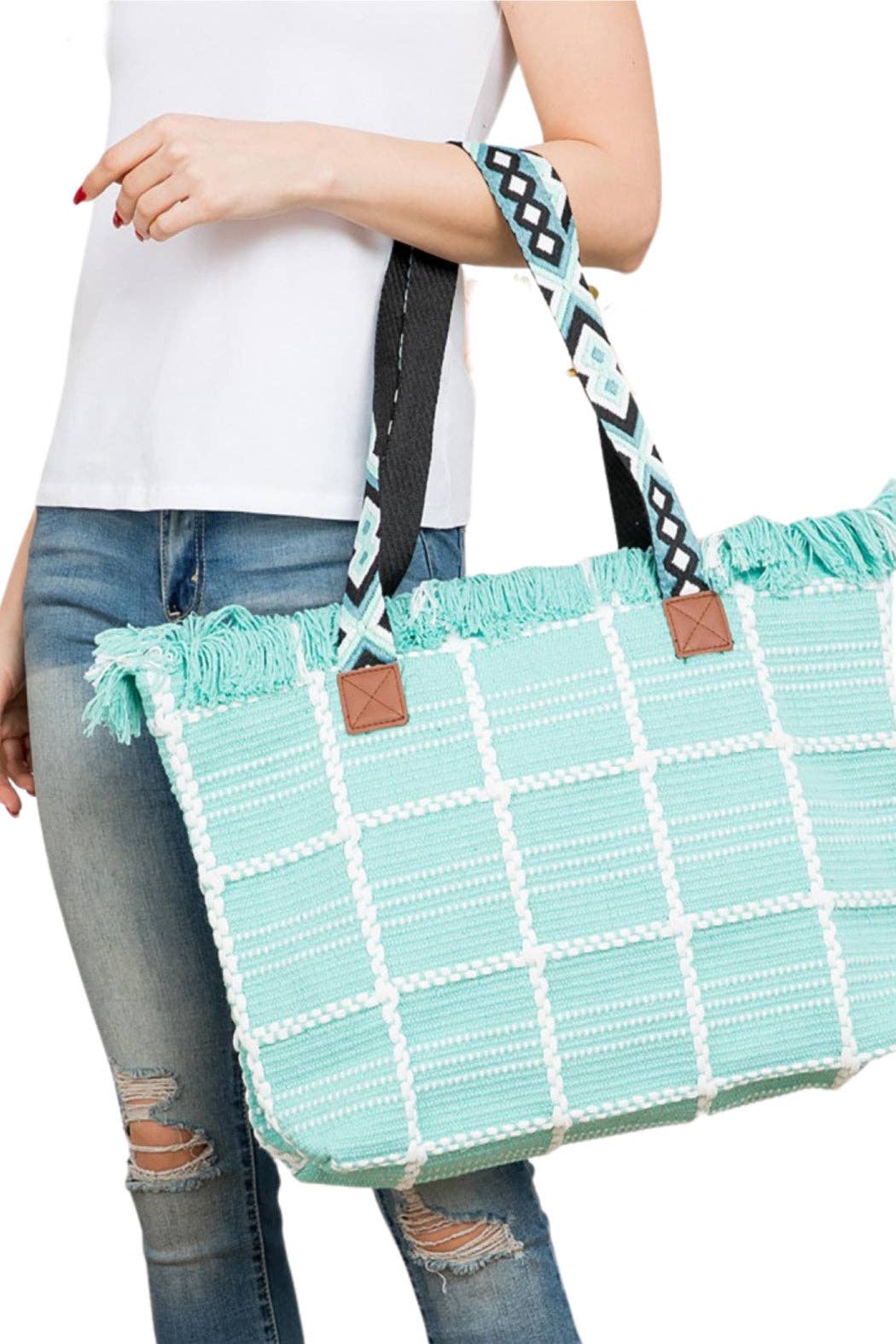 Embellish Your Life - Mint Blue Embroidered Strap Window Pane Tote