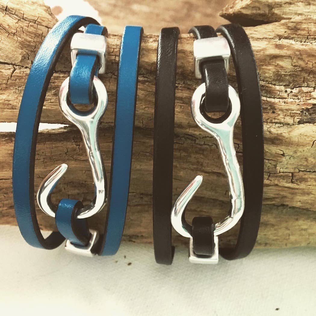 Fish Hook leather wrap bracelet Blue