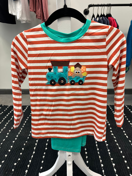 Kids train shirt with matching blue pants outfit