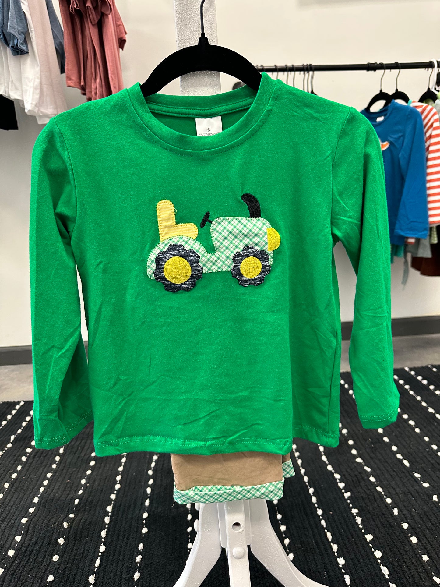Kids tractor shirt with matching tan pants outfit