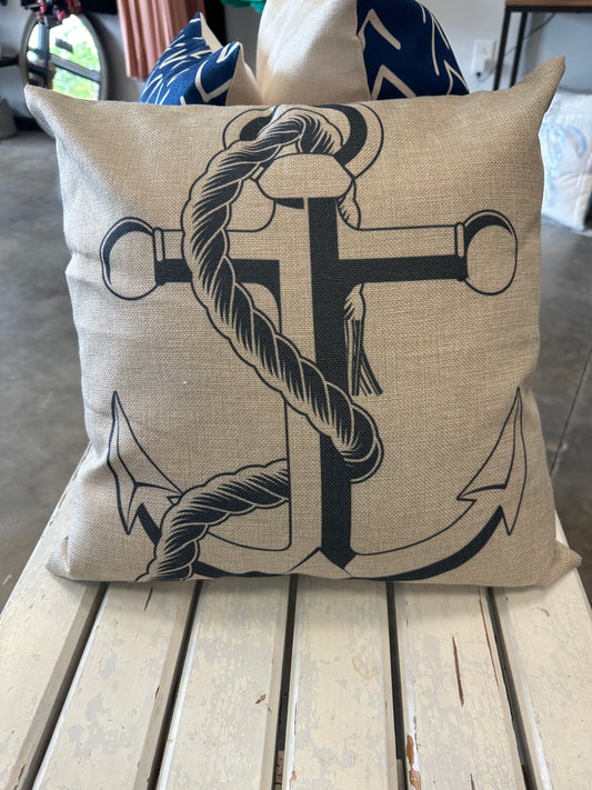 Cream Color Decorative Pillow with Gray Rope Anchor 18X18