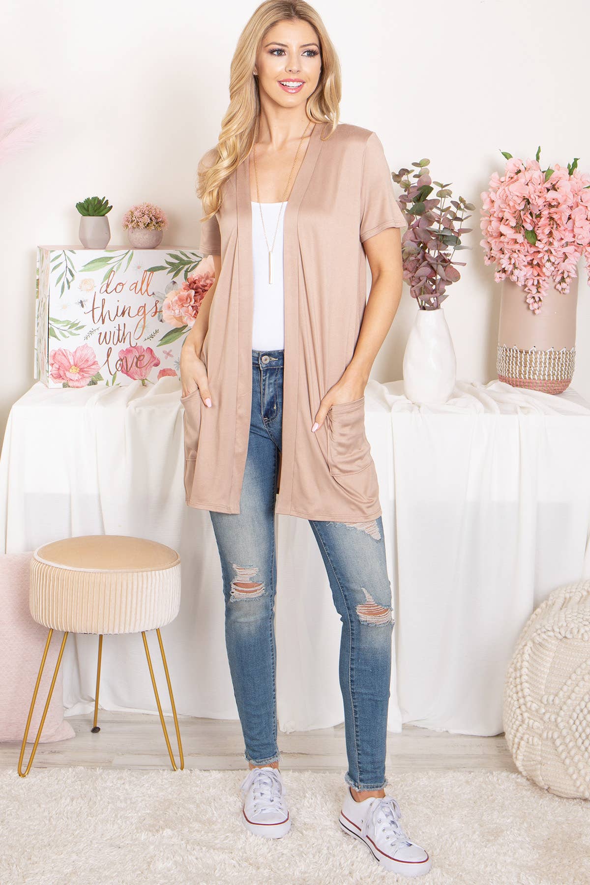 Perfect Peach - short sleeve open front cardigan