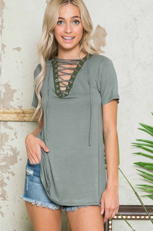 Burgundy Apparel - Chest Eyelet Criss Cross Short Sleeve Tunic Top Dusty Sage