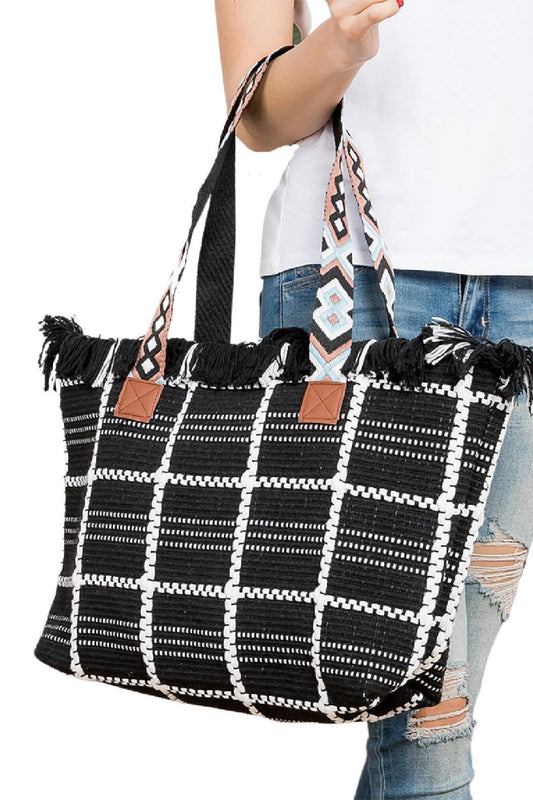 Embellish Your Life - Black Embroidered Strap Window Pane Tote